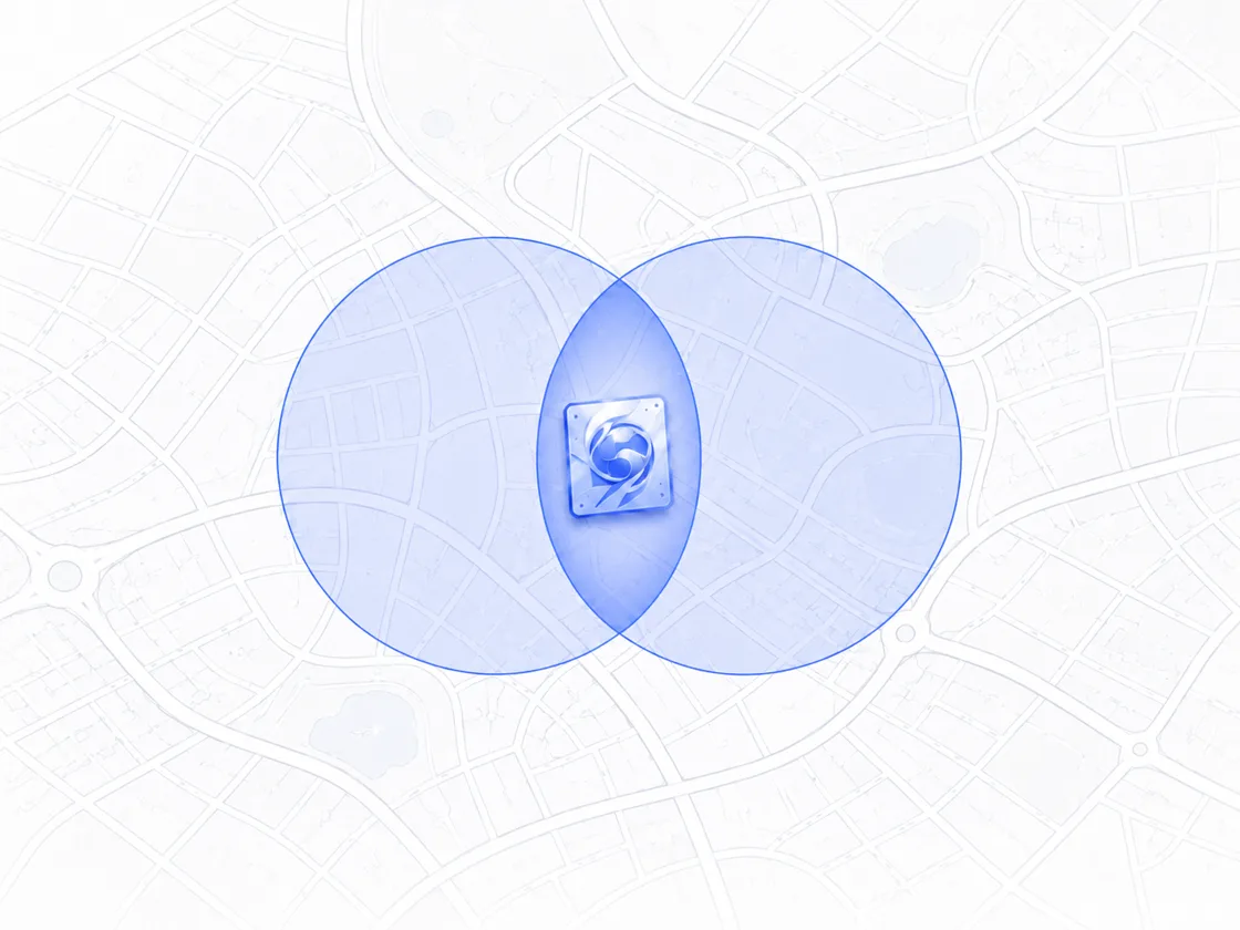 Mapa de bairro com dois círculos de raio se sobrepondo e uma figurinha no ponto de encontro