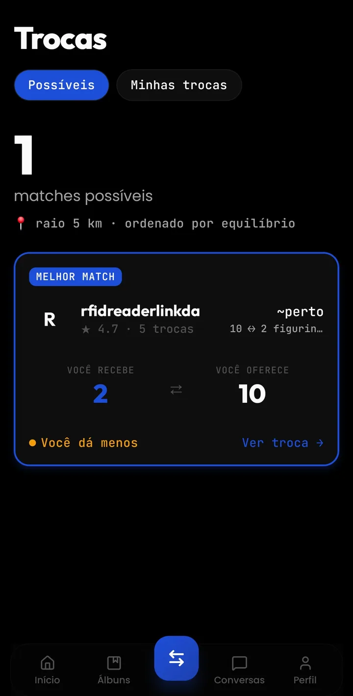 Tela Trocas — matches possíveis no raio de 5 km