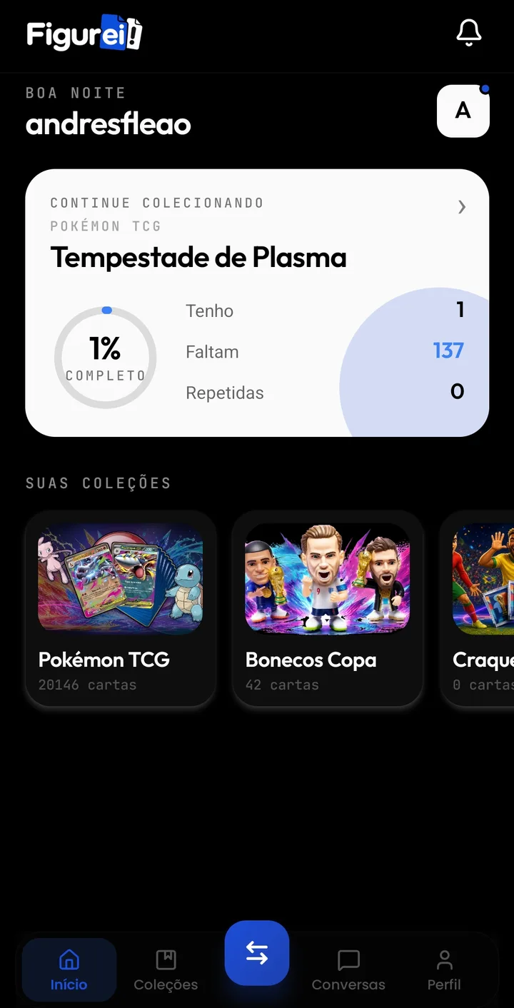 Tela inicial do Figurei! — Pokémon TCG e suas coleções